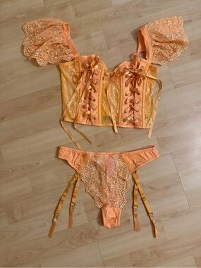 Sugar Thrillz Peach-Orange Lace Corset & Garter Set